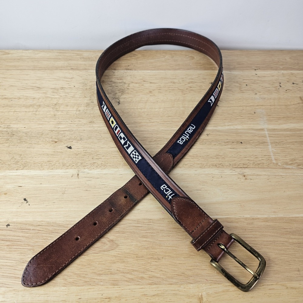 Nautica Belt Mens 40 Nautical Code Flags Embroidered Navy Blue Brown Leather